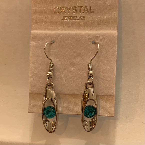 Earrings Necklace Set Silver Tone Metal with Blue Jewel Stones - Picture 6 of 8